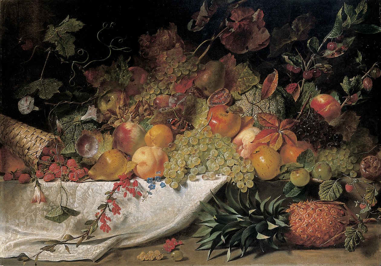 Hedelmiä ja kukkia kivireunalla, 1829 tekijältä George Lance