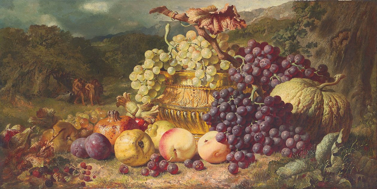 Asetelma hedelmillä maisemassa, metsästysseurue takana, 1859 tekijältä George Lance