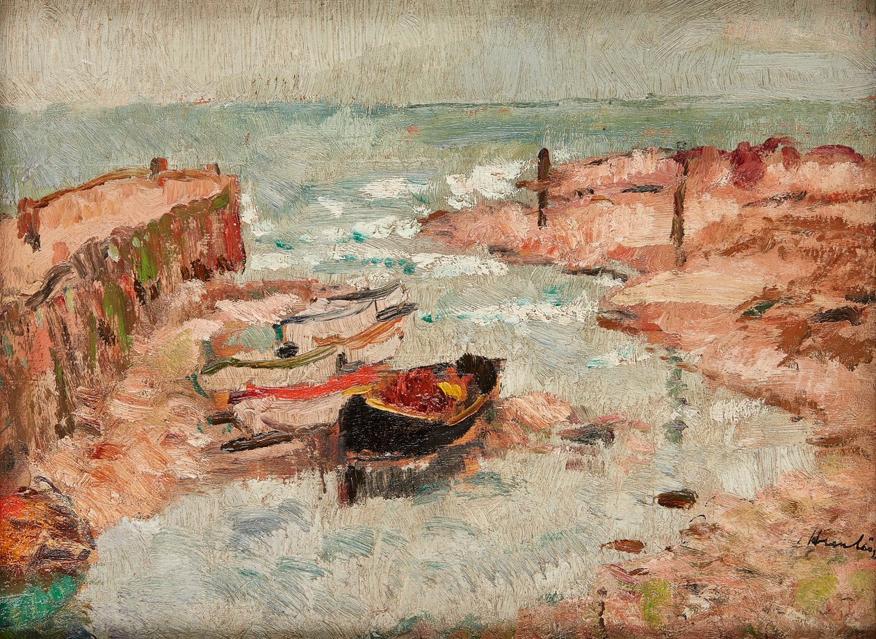 Beached Boats, Lower Largo (öljy paneelissa) tekijältä George Leslie Hunter