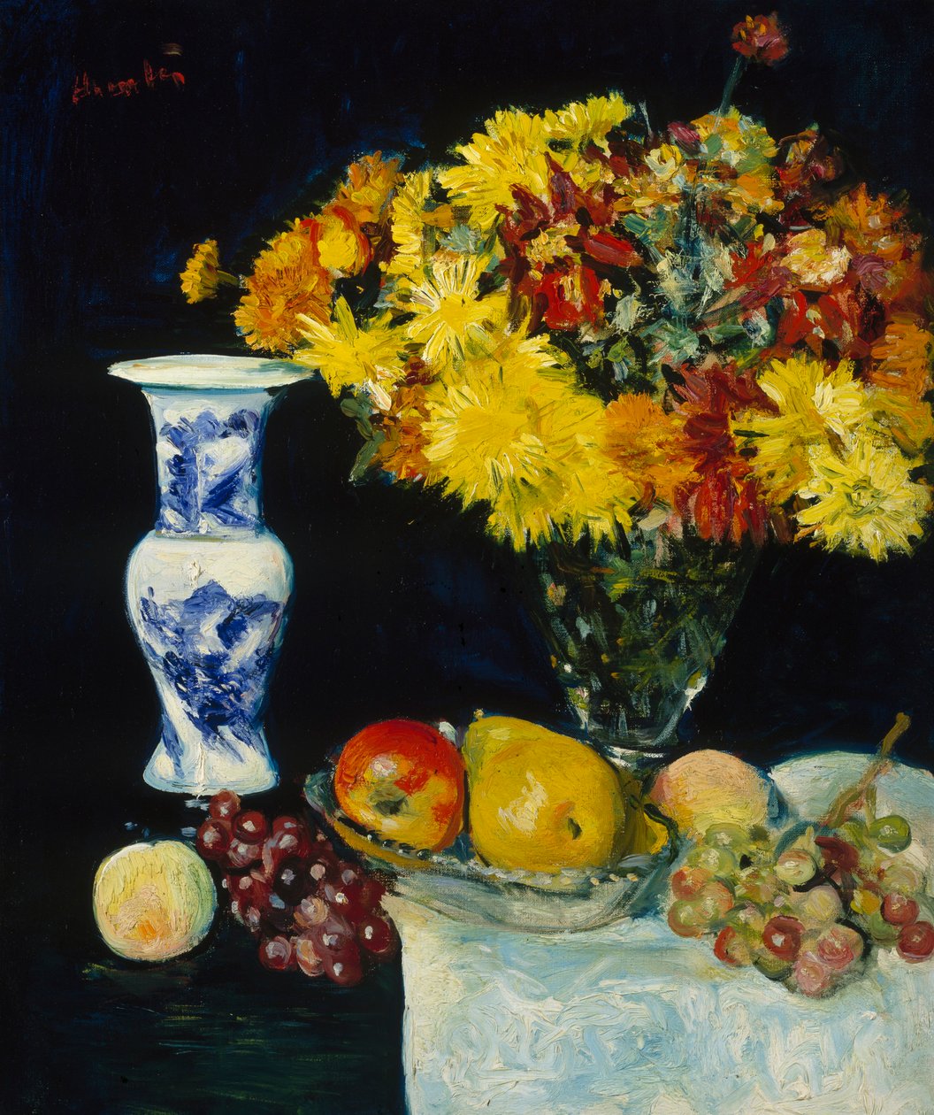 Kukat maljakossa ja hedelmät, n. 1897-1931 (öljy kankaalle) tekijältä George Leslie Hunter