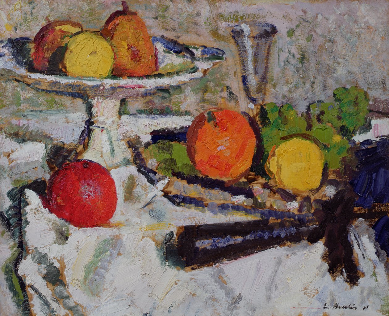 Hedelmien asetelma valkoisella pöytäliinalla, 1921 tekijältä George Leslie Hunter