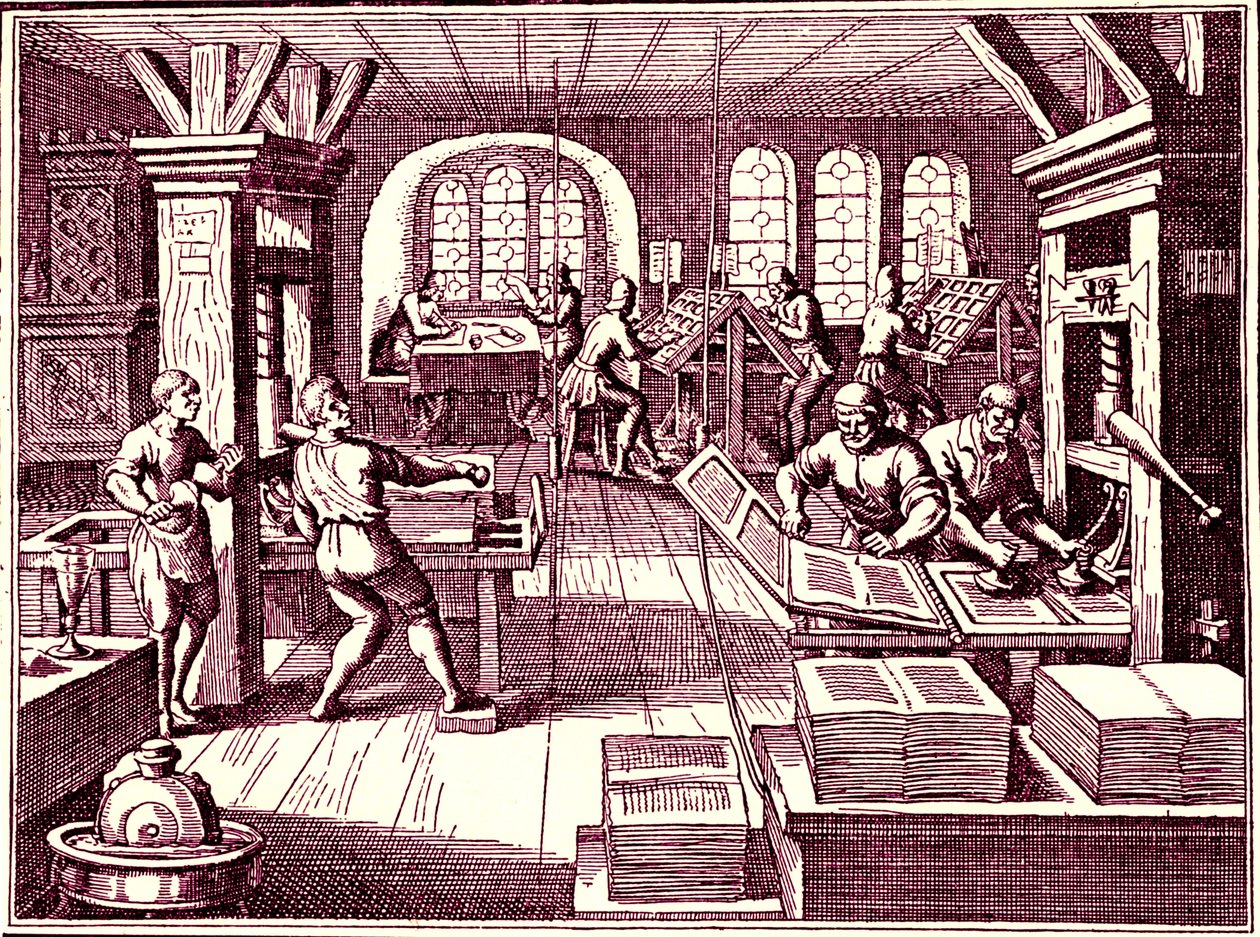 Kirjapainon sisällä, Saksa 1619 (kaiverrus) tekijältä Bartolome Esteban and studio Murillo