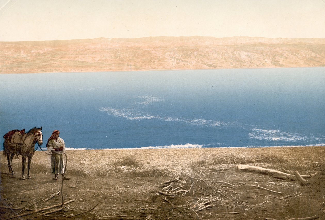 Mies hevosen kanssa seisomassa lähellä Kuollutta merta, n. 1890 - n. 1900 (valokuvatulostus) tekijältä Bartolome Esteban and studio Murillo