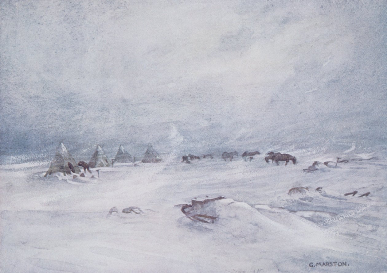 Blizzard on the Barrier, piirros Sir Ernest Shackletonin (1874-1922) kirjoittamasta teoksesta "Nimrod in the Antarktic 1907-09" tekijältä George Marston