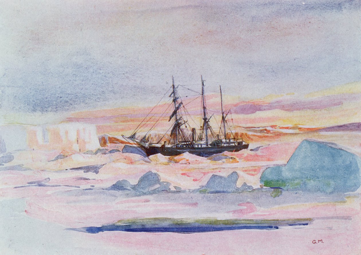 Aurora Australis, piirros Sir Ernest Shackletonin (1874-1922) teoksesta "Antarktiksen sydän: Nimrodin tutkimusmatka etelänavalle" tekijältä George Marston