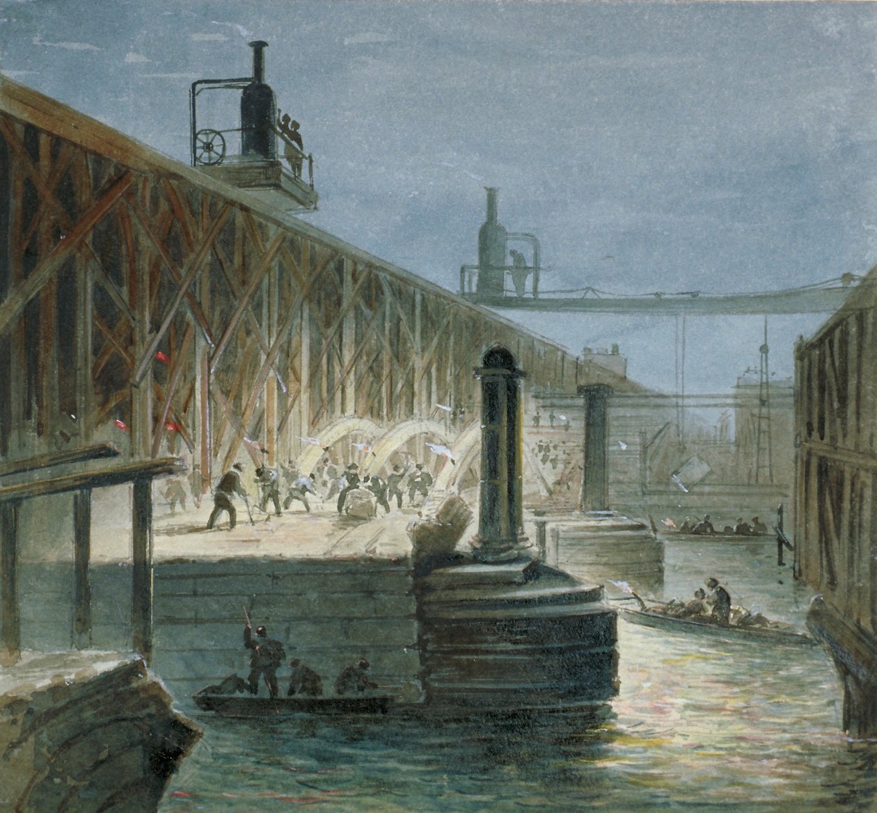 Blackfriars Bridgen purkutyöt Surreyn rannalta Lontoossa, 1865 tekijältä George Maund
