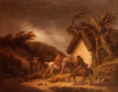 Myrskyinen metsäinen maisema, jossa on matkustajia tekijältä George Morland