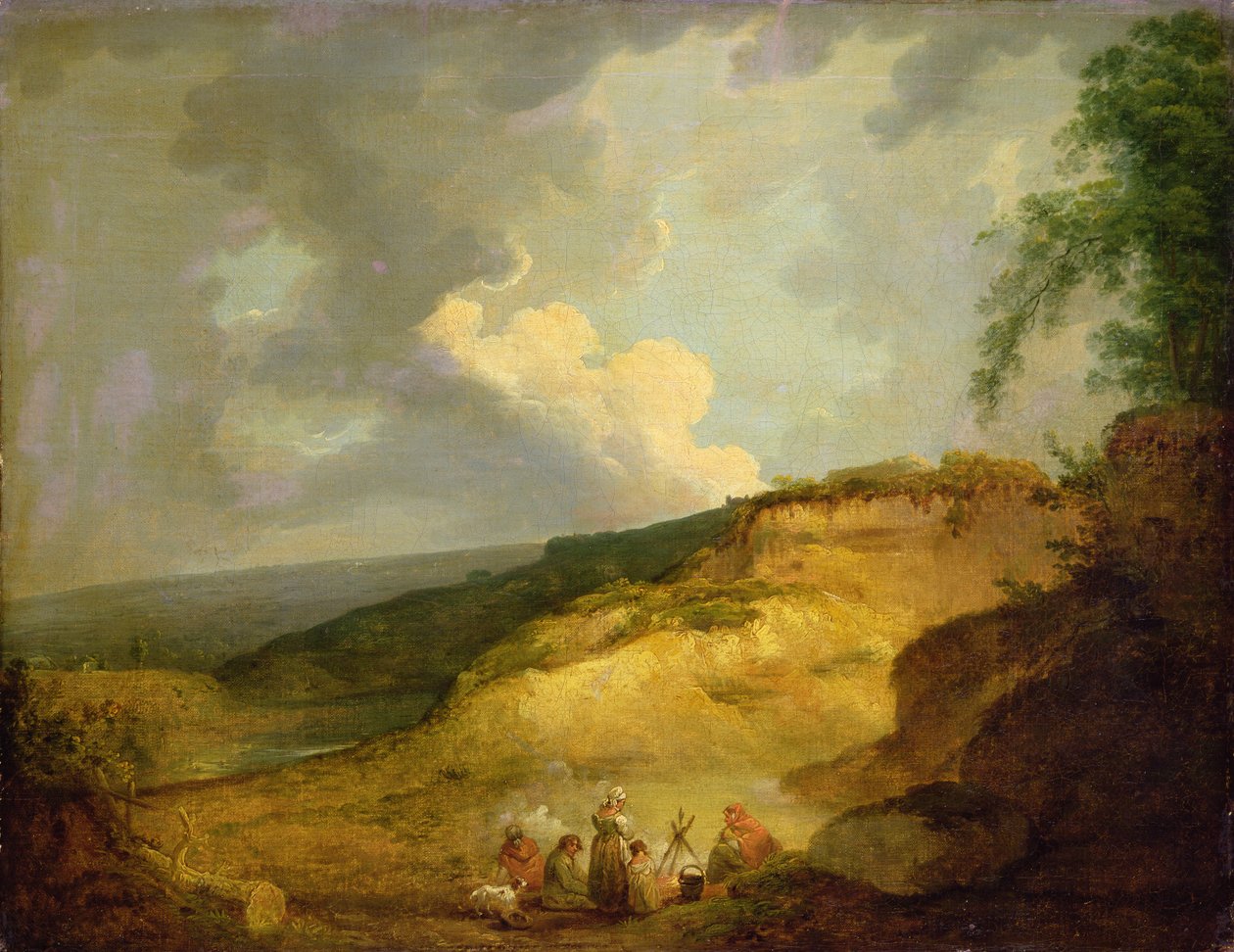 Laaja vuoristoinen maisema mustalaisleirin kanssa etualalla (öljy kankaalle) tekijältä George Morland