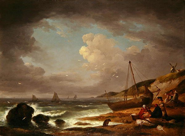 Rannikkokohtaus miesten korjaamassa venettä (öljy kankaalle) tekijältä George Morland