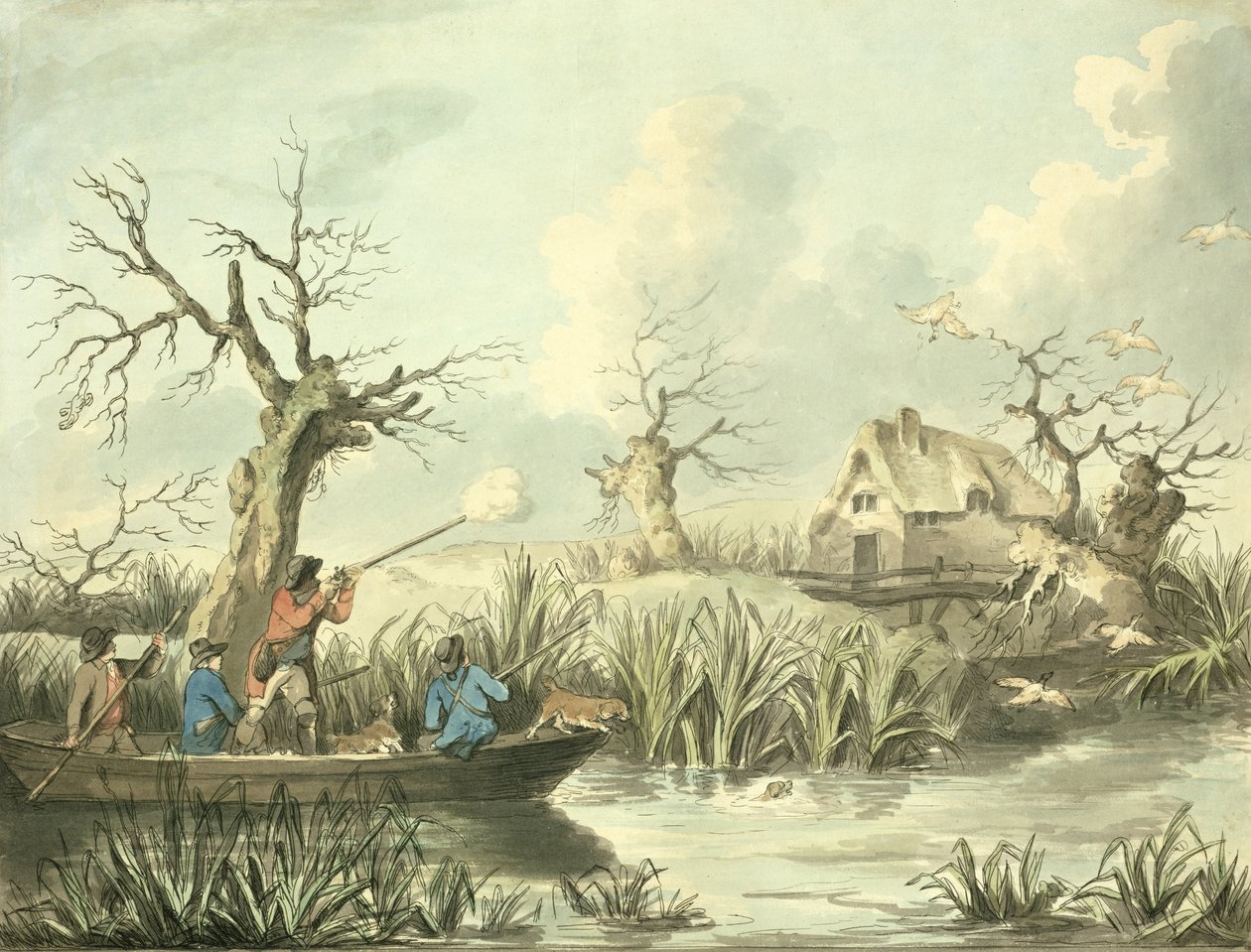 Duck Shooting, kaivertanut Thomas Rowlandson (1756-1827), pub. kirjoittanut J. Harris, 1789 (värillinen etsaus) (katso myös 125725-27) tekijältä George Morland