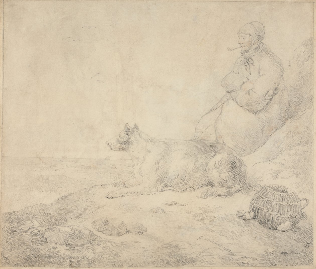Kalastaja ja koira istuvat rannikolla tekijältä George Morland