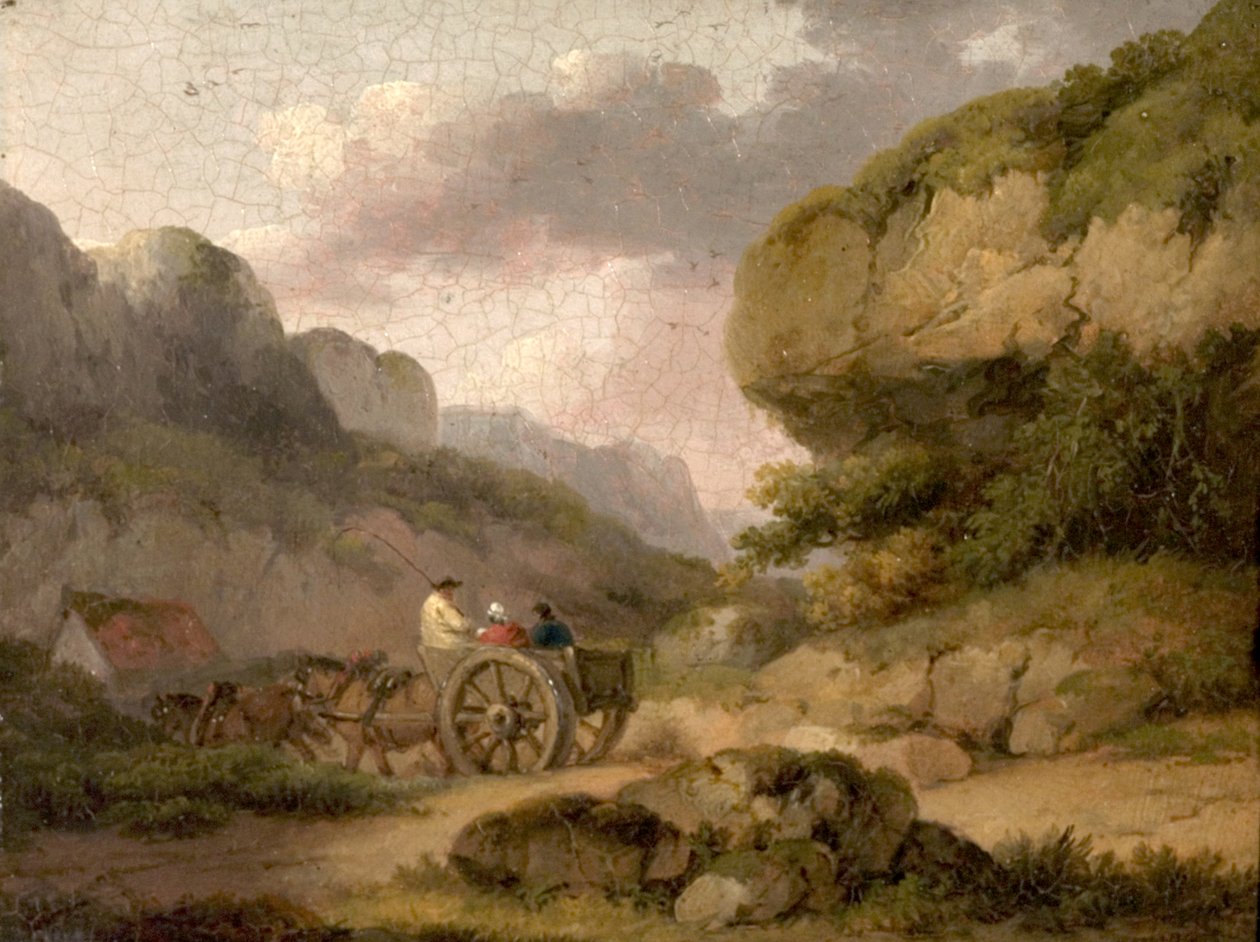 Maisema hevosilla, kärryillä ja hahmoilla tekijältä George Morland