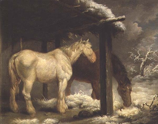 Shire-hevosia kattopeltisen suojan luona myrskyisessä talvimaisemassa tekijältä George Morland