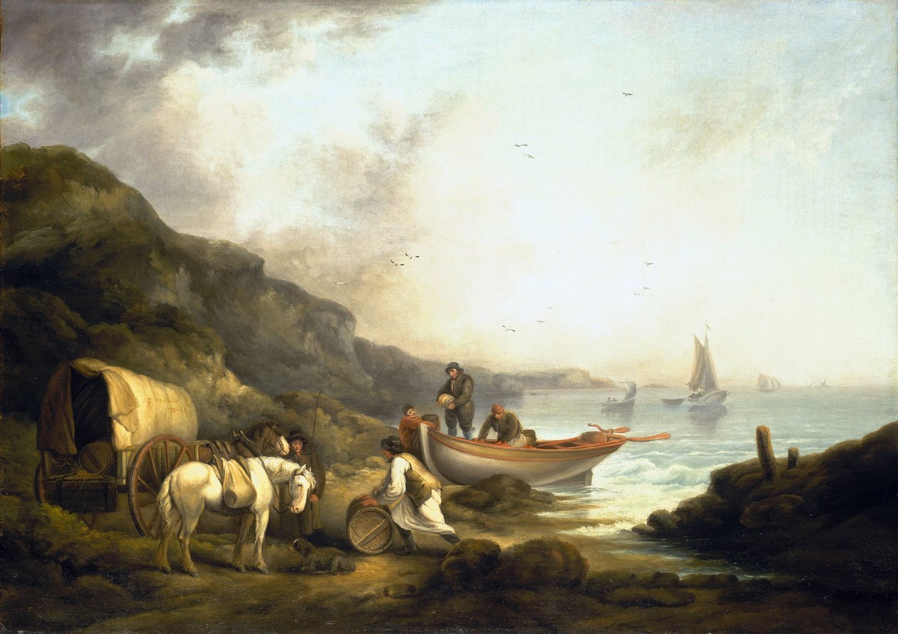 Salakuljettajien liikenne rannikolla. George Morlandin (1763-1804) öljy kankaalle 1800-luvun alussa. tekijältä George Morland