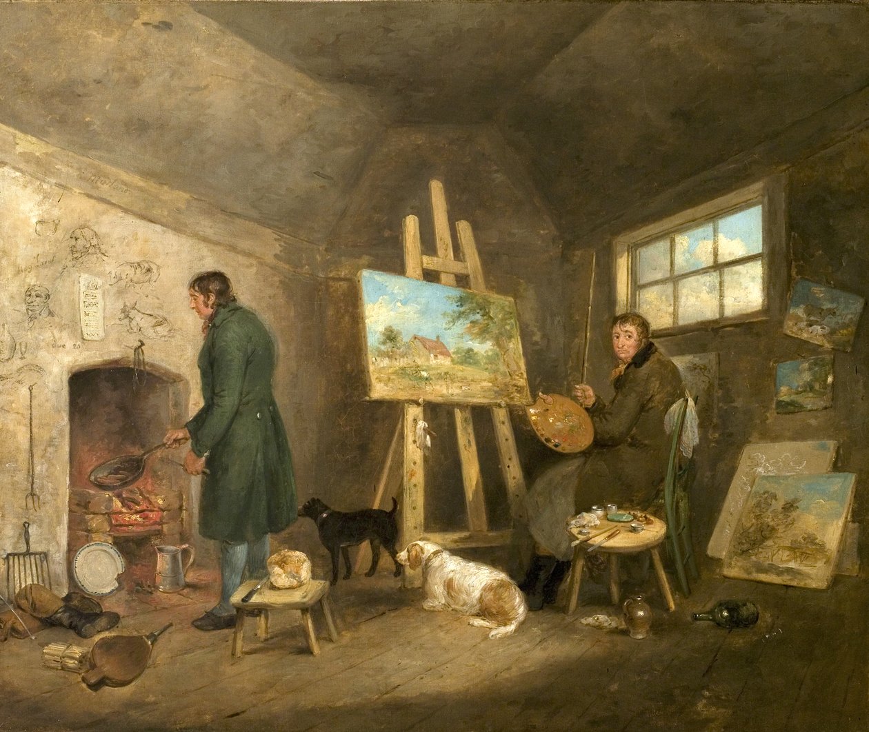 Taiteilija studiossaan ja miehensä Gibbs, 1802 tekijältä George Morland