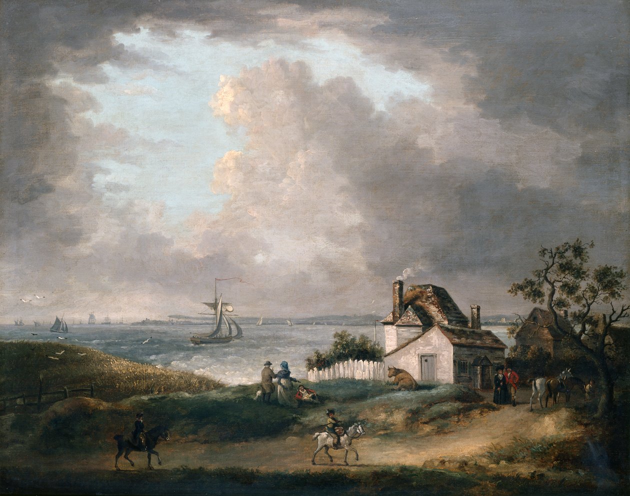Weymouth Bay, josta on kaukainen näkymä satamaan ja Portland Billiin tekijältä George Morland
