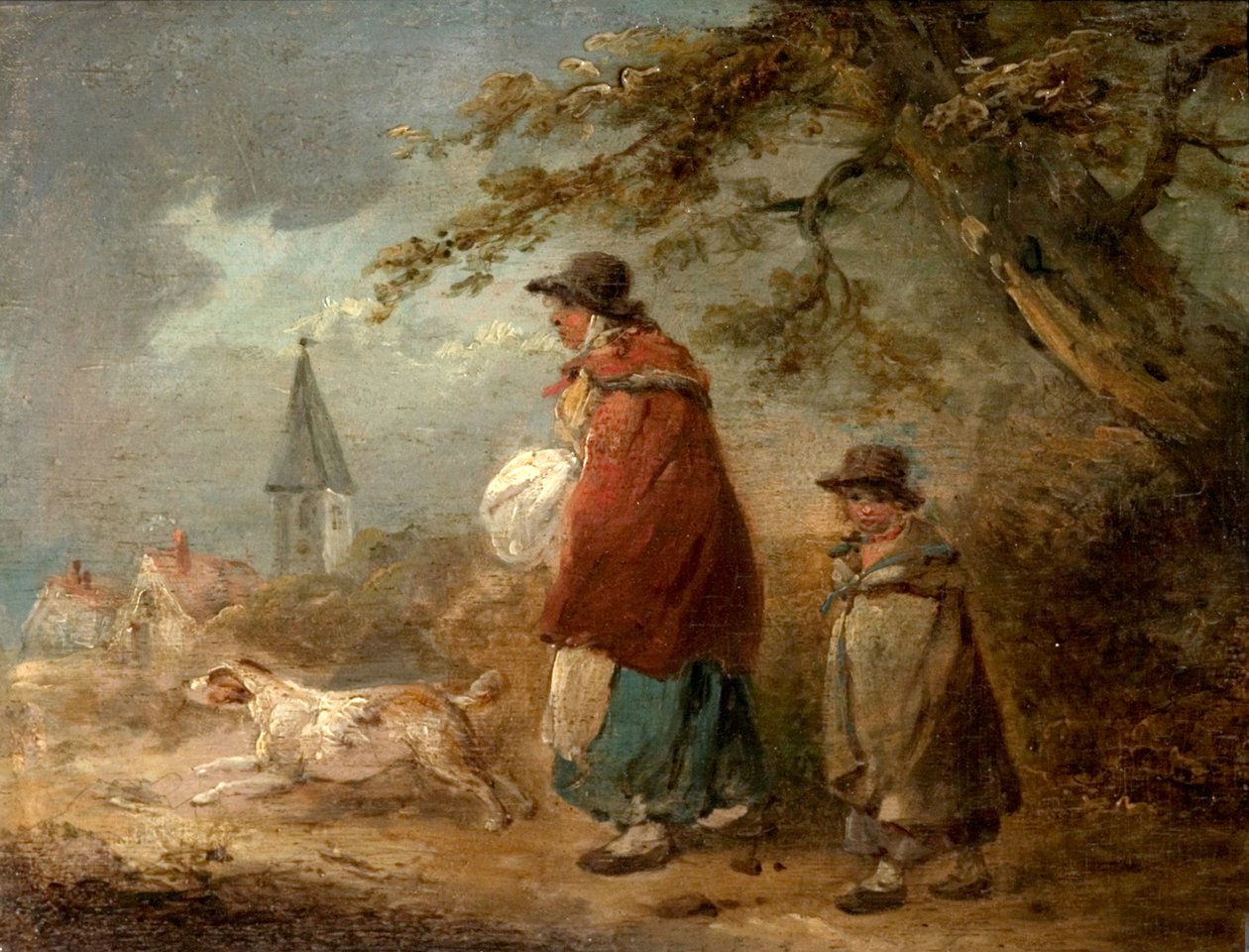 Nainen, lapsi ja koira tiellä tekijältä George Morland