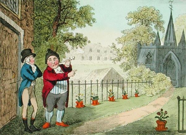 Shewing a Garden, kaiverrus Isaac Cruikshank (1756-n. 1811), julkaistu 1796 (akvatinta) tekijältä George Moutard (after) Woodward