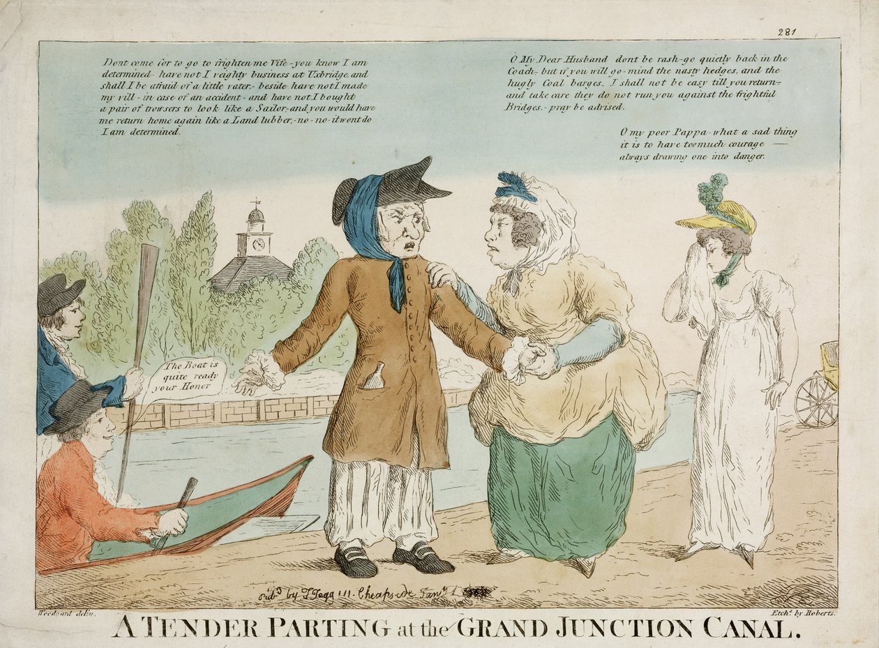 Herkkä erotus Grand Junction Canalissa, kaiverrus Roberts, 1810 (käsinvärinen etsaus) tekijältä George Moutard Woodward