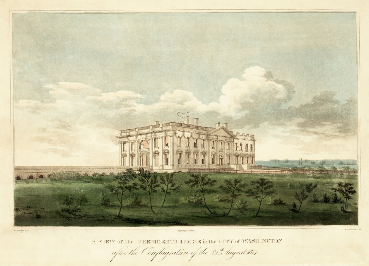 Näkymä Presidenttien talosta Washingtonin kaupungissa 24. elokuuta 1814 alkaneen tulipalon jälkeen, pub. 1814 tekijältä George Moutard Woodward
