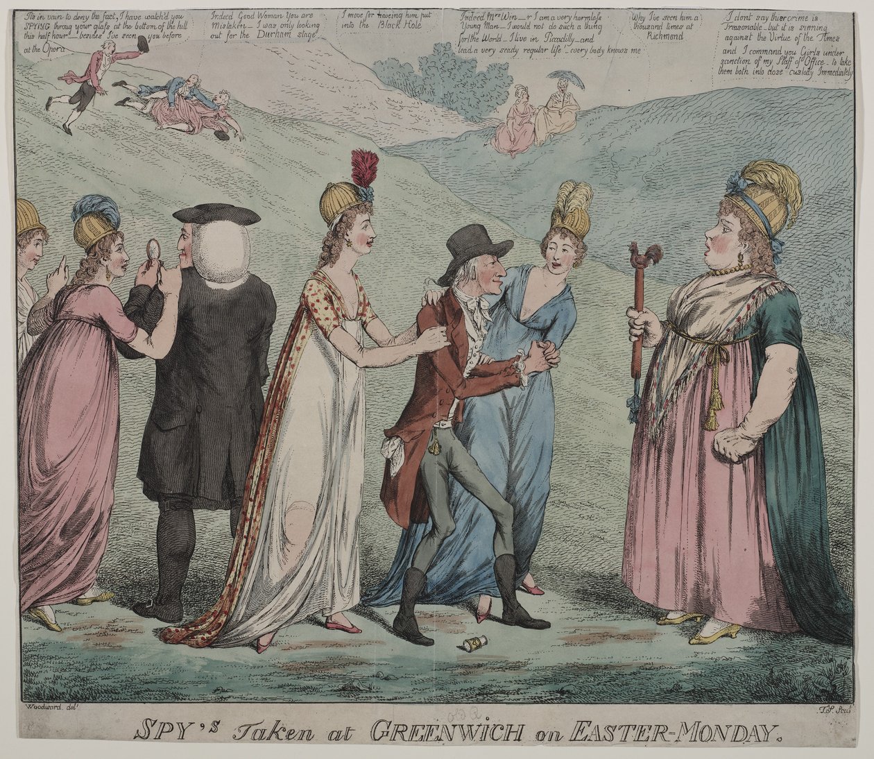 Äiti Windsor neljän kurtisaaninsa kanssa käskee tytöt pidättämään Durhamin piispan ja Queensburyn herttuan, 1798 (värietsaus) tekijältä George Moutard Woodward