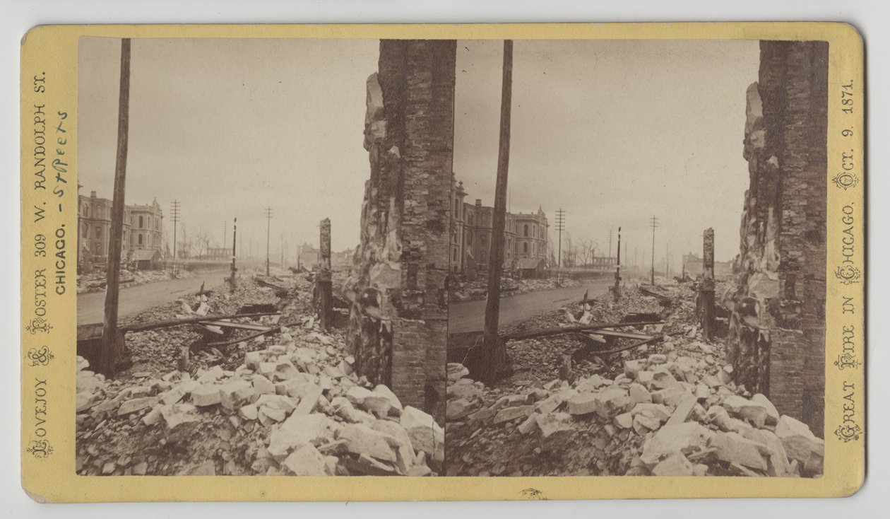 Stereografia Washington Streetistä LaSalle Streetin kulmasta katsoen itään Chicagon tulipalon jälkeen 1871, 1871 (bw-kuva korttitelineessä) tekijältä George N. Barnard