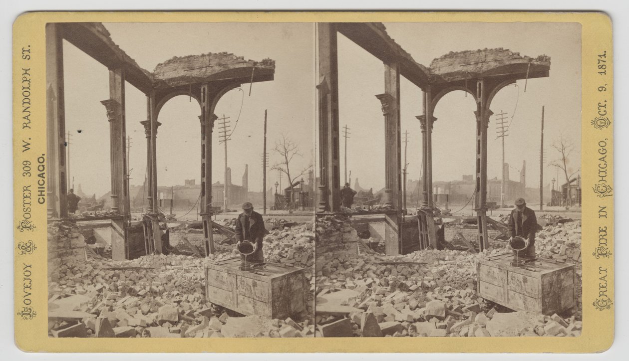 Stereografia miehestä jäähdyttämässä kassakaappia raunioiden keskellä Chicagon palon jälkeen 1871, 1871 (bw-kuva korttitelineessä) tekijältä George N. Barnard
