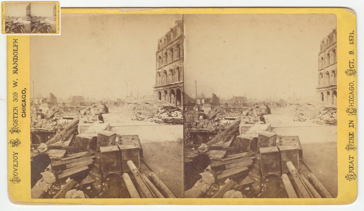 Stereografia kassakaapeista, jotka on otettu Dearborn Streetin raunioista Chicagon palon jälkeen 1871, 1871 (bw-kuva korttitelineessä) tekijältä George N. Barnard