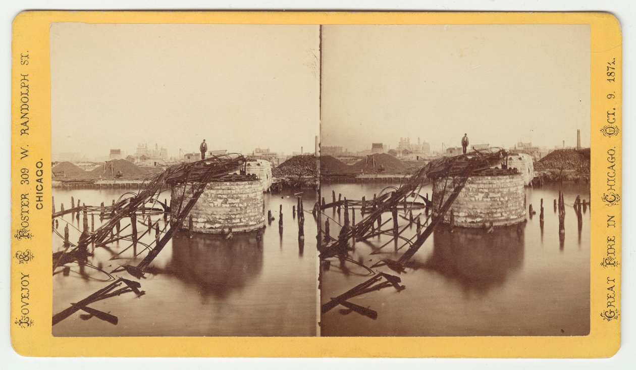 Stereografia Van Buren Streetin sillasta Chicagon palon jälkeen 1871, 1871 (bw-kuva korttitelineessä) tekijältä George N. Barnard