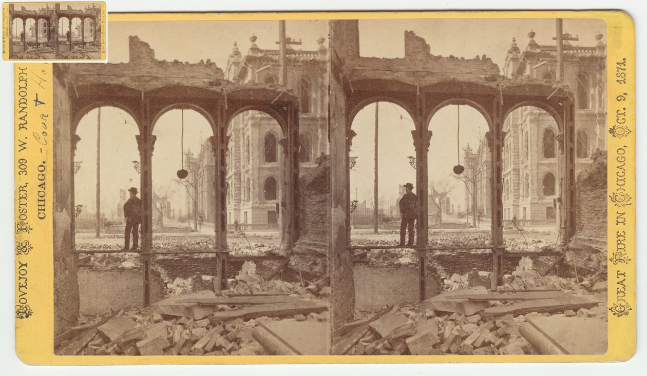 Stereografia oikeustalosta nähtynä Clark Streetin itäpuolen raunioiden läpi Chicagon palon jälkeen 1871, 1871 (bw-kuva korttitelineessä) tekijältä George N. Barnard