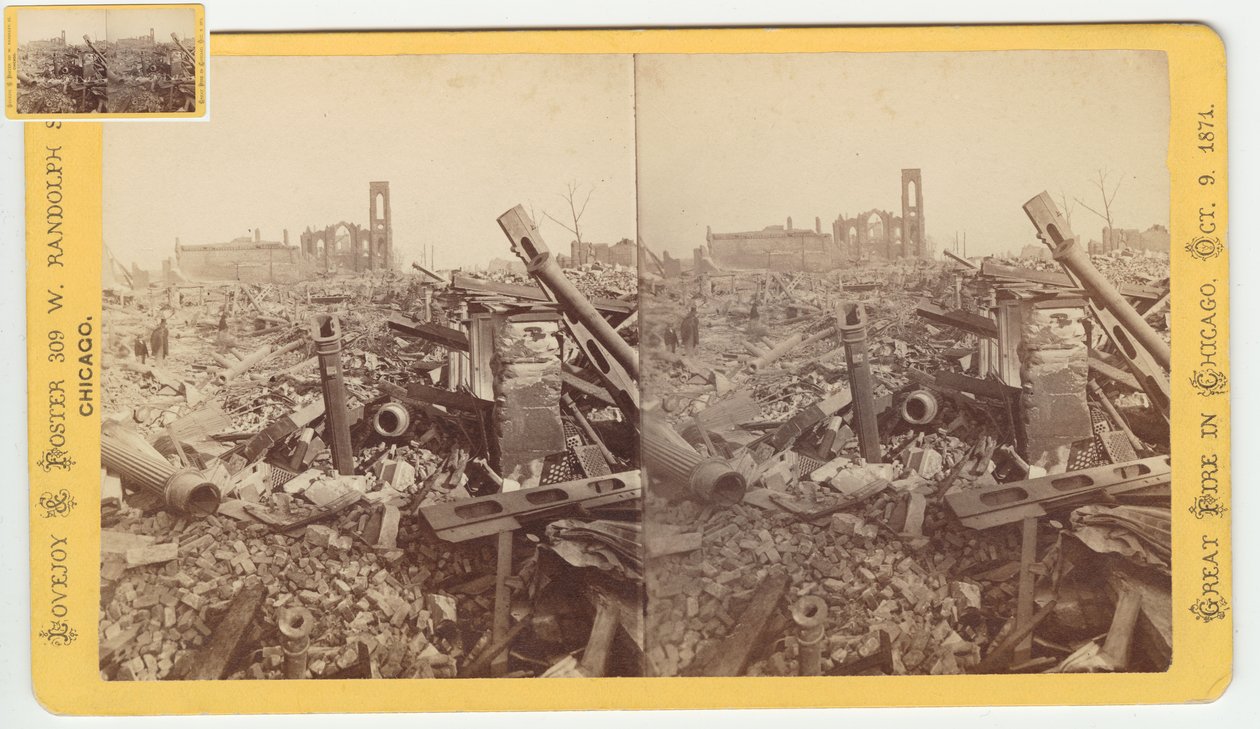 Stereografia Mammoth Store of Field & Leiter -kaupan raunioista Chicagon tulipalon jälkeen 1871, 1871 (bw-kuva korttitelineessä) tekijältä George N. Barnard