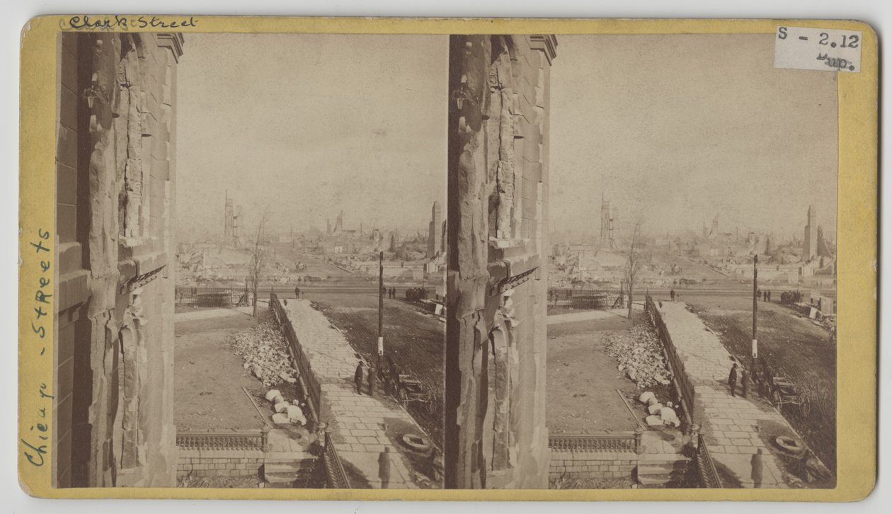 Stereografinäkymä Clark Streetille Chicagon palon 1871 jälkeen tekijältä George N. Barnard