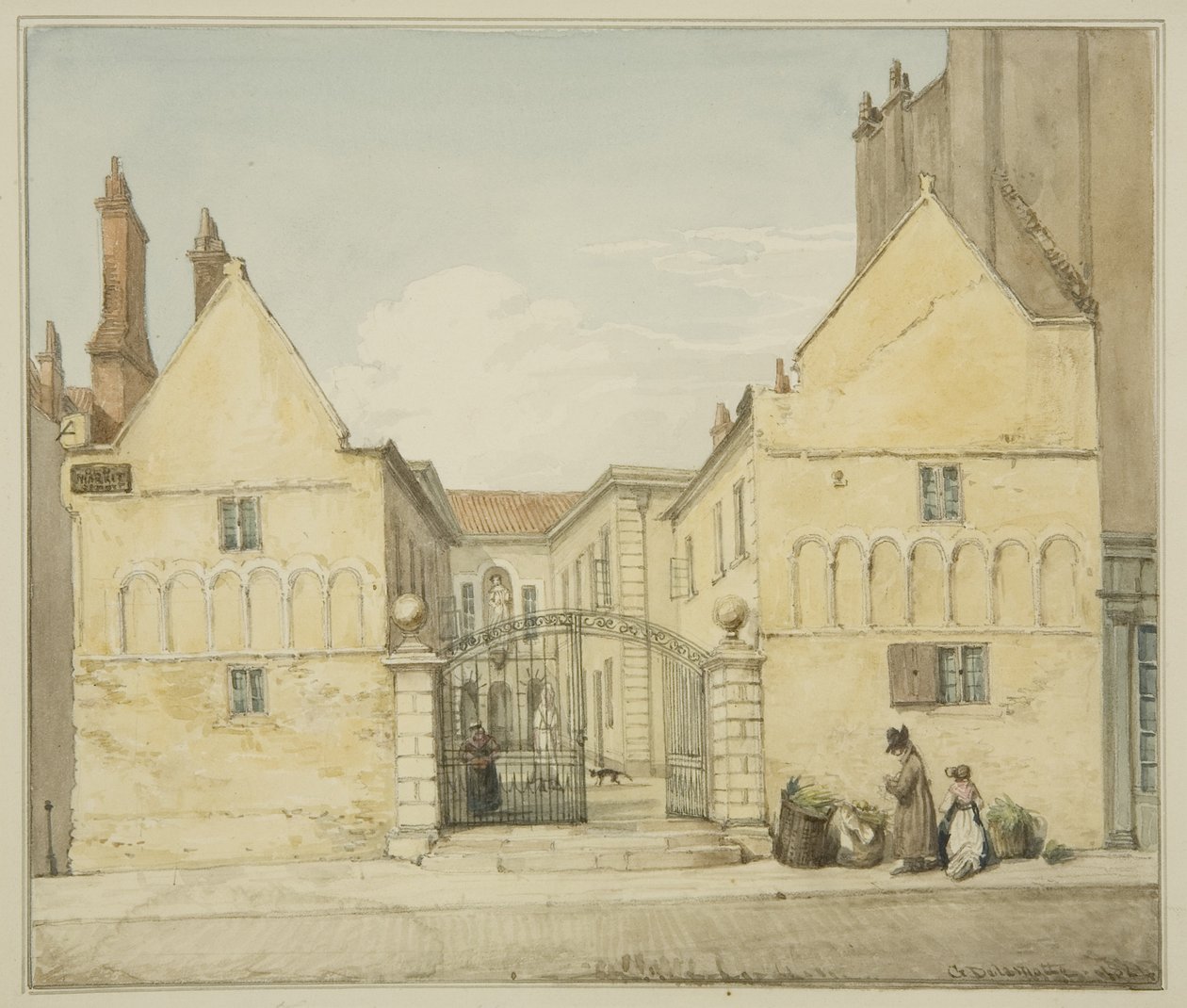 Barnstaple Almshouses, Trinity Hospital, Old Market (kynä ja akvarelli paperille) tekijältä George Orleans Delamotte