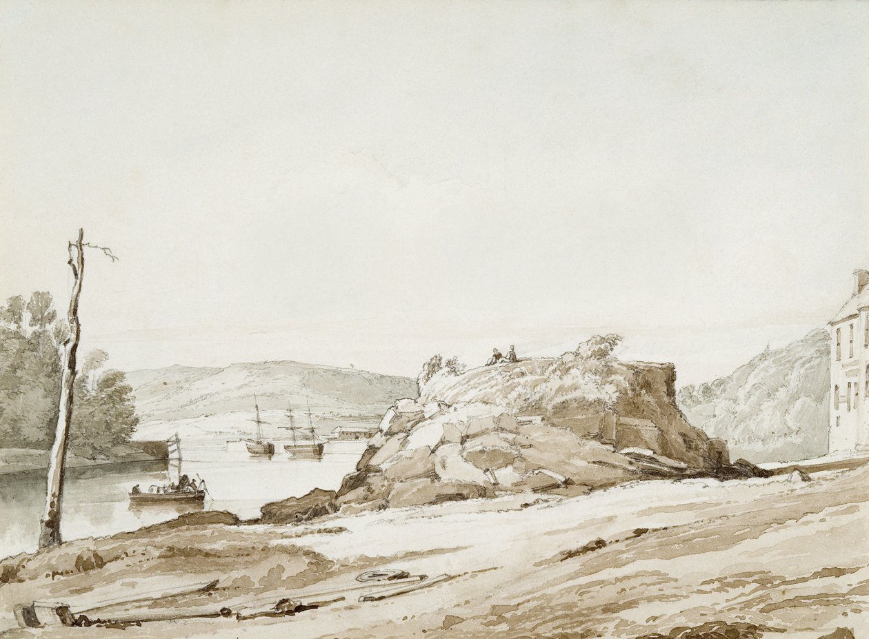 Briton Ferry (seepia wash  lyijykynä paperille) tekijältä George Orleans Delamotte