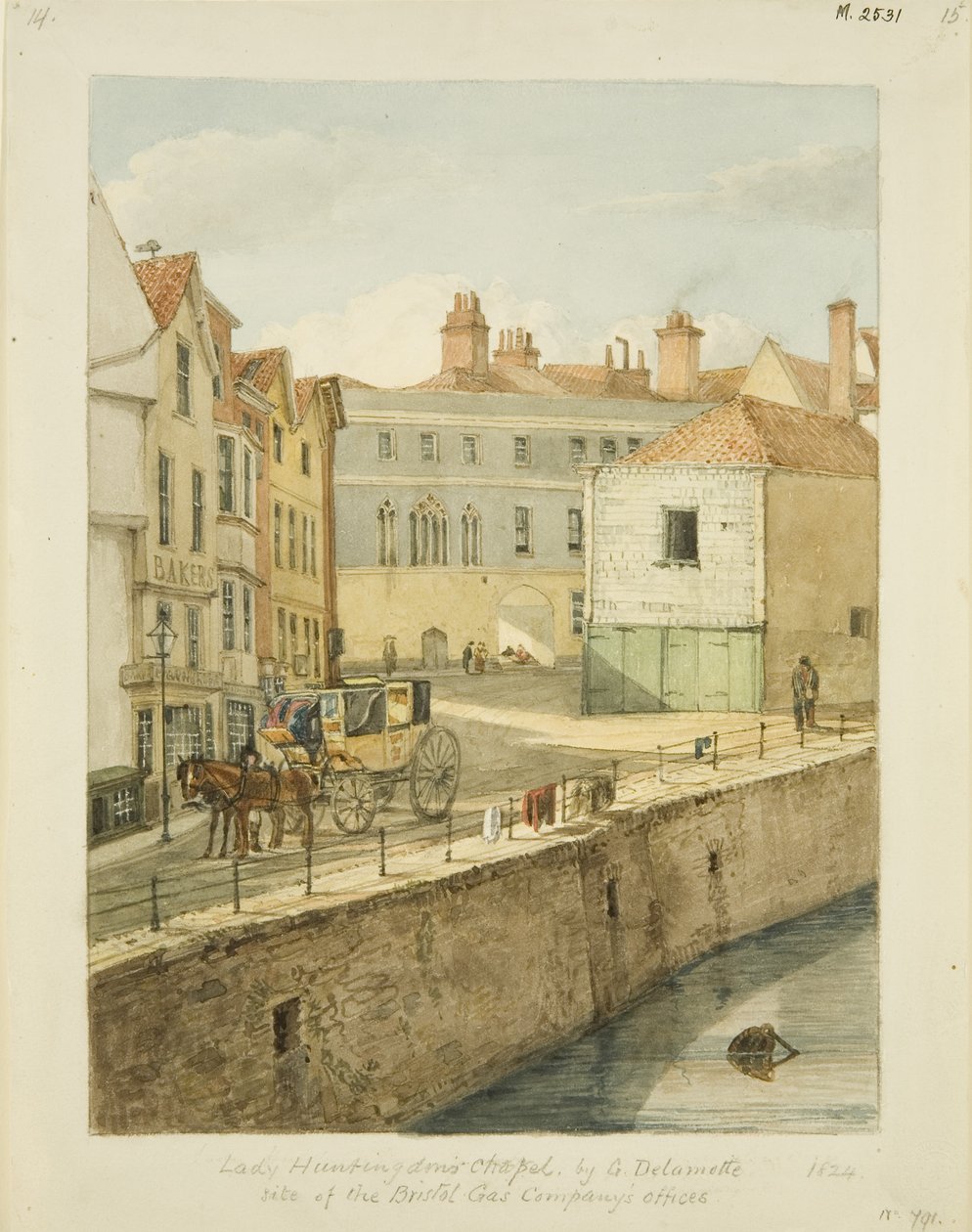 Lady Huntingdonin kappeli Drawbridgestä nähtynä (kynä ja akvarelli paperilla) tekijältä George Orleans Delamotte
