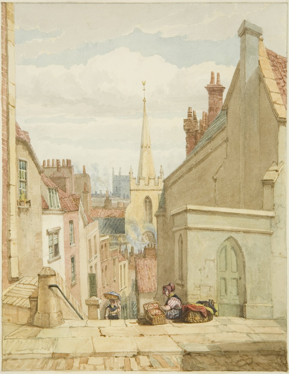 Queen Street [myöhemmin Christmas Steps] (kynä ja akvarelli paperilla) tekijältä George Orleans Delamotte