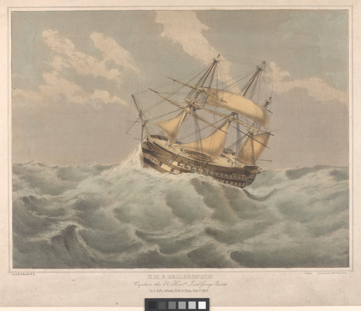 HMS "Bellerophon" (1824), 50 mailia Maltasta kaakkoon. tekijältä George Pechell (after) Mends