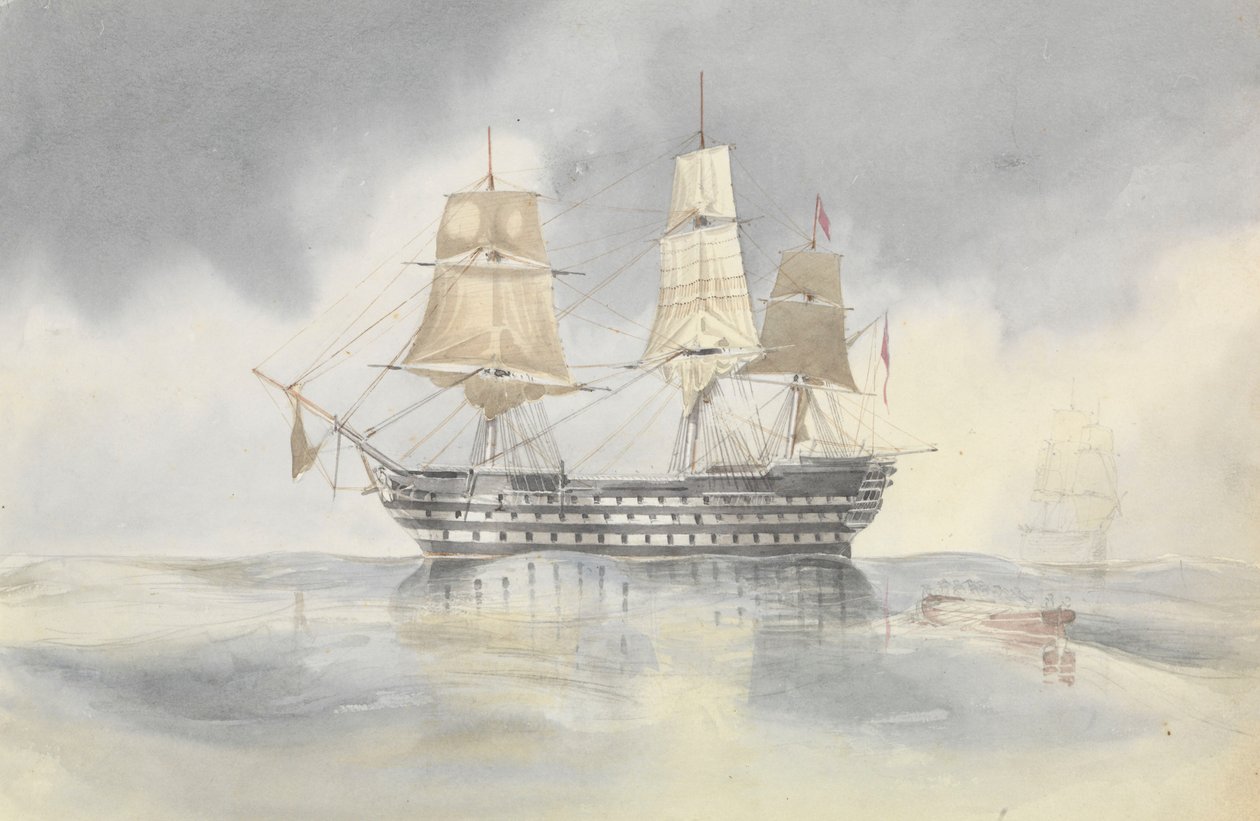 Britannia" pysähtyi tyynessä säässä vastaanottamaan veneen, luultavasti lähellä Cape Carthagea, joka purjehti kontra-amiraali Dundasin lipun alla, 27. huhtikuuta 1852. tekijältä George Pechell Mends