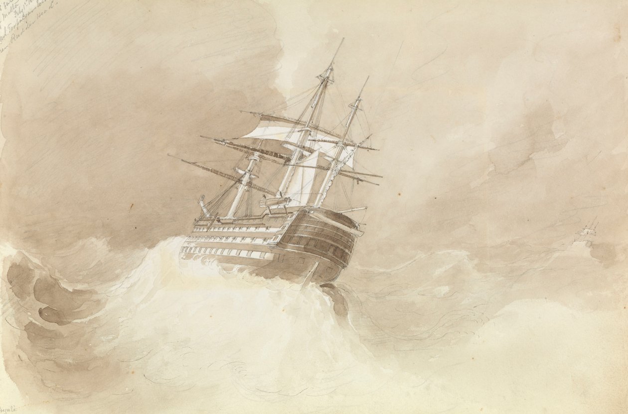 HMS "Trafalgar" menettää peräsinpäänsä koillisessa myrskyssä Maltan edustalla. tekijältä George Pechell Mends