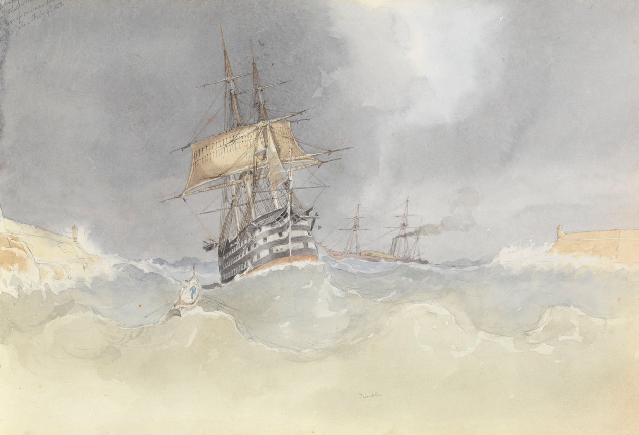 HMS "Trafalgar" purjehtii Maltan satamaan, kun sen peräsin on menettänyt päänsä myrskyn jälkeen, 9. helmikuuta 1852. tekijältä George Pechell Mends