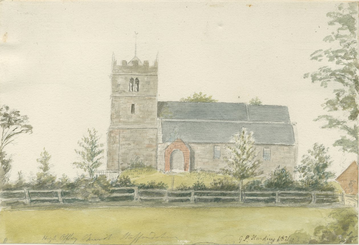 High Offley Church: akvarellimaalaus, 1821 tekijältä George Perfect Harding