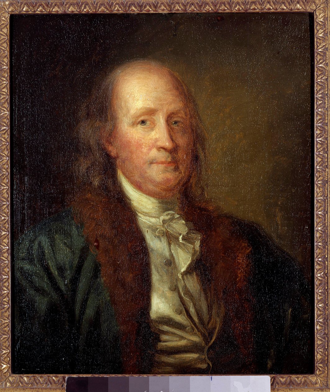 Benjamin Franklinin (1706-1790), yhdysvaltalaisen fyysikon, filosofin ja poliitikon muotokuva George Peter Alexandre Healyn (1808-1894) maalaus Sun. 0,33x0,27 m. tekijältä George Peter Alexander Healy
