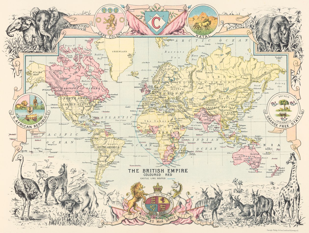 Britannian maailmanimperiumin kartta, Etelä-Afrikan Castle Line Atlas -julkaisusta. tekijältä George Philip