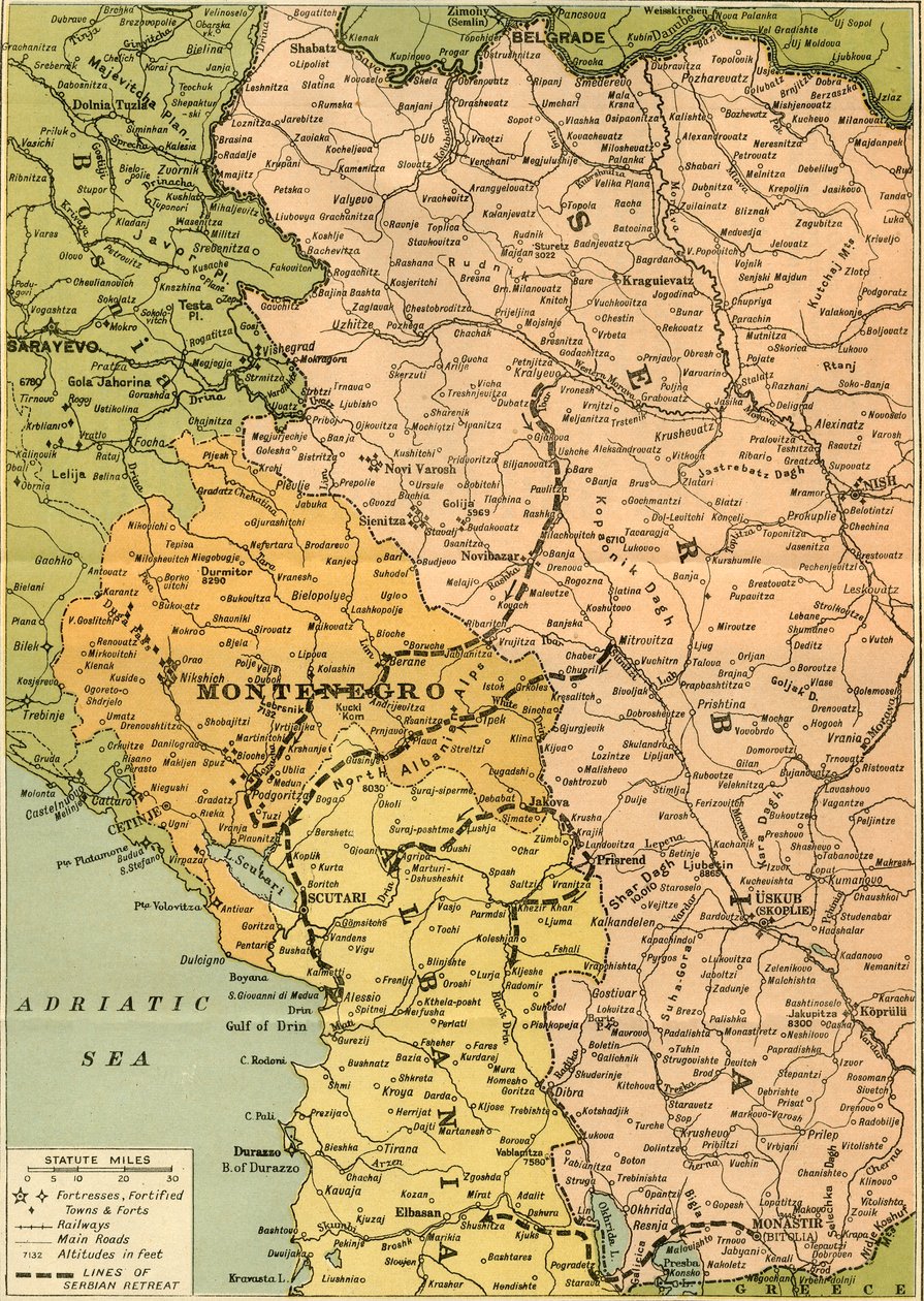 Kartta havainnollistamaan Serbian retriittiä, 1919. tekijältä George Philip and Son Ltd