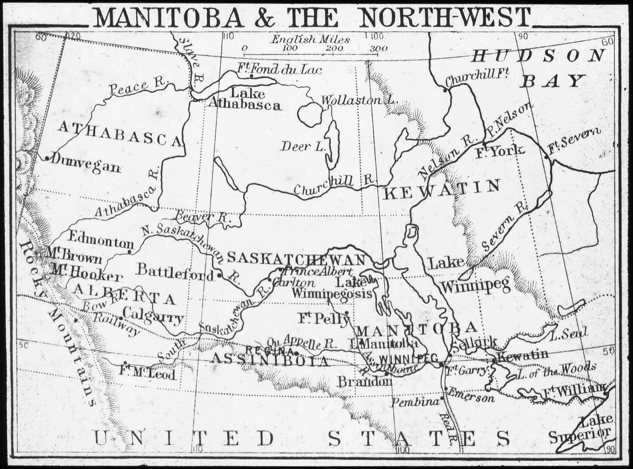 Kartta Manitobasta ja Luoteisosasta, Kanadasta, c1893 tekijältä George Philip and Son Ltd