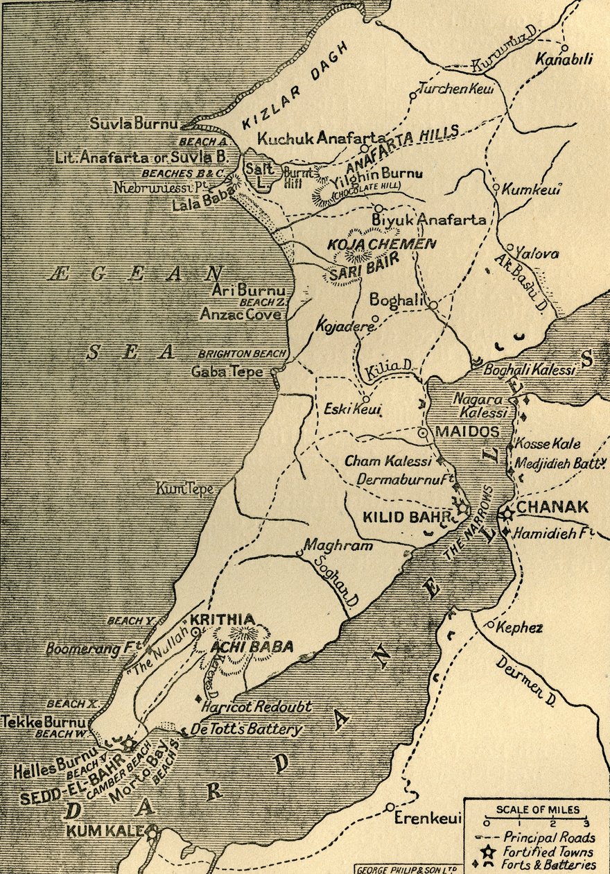 Gallipolin niemimaan kartta, 1919. tekijältä George Philip and Son Ltd