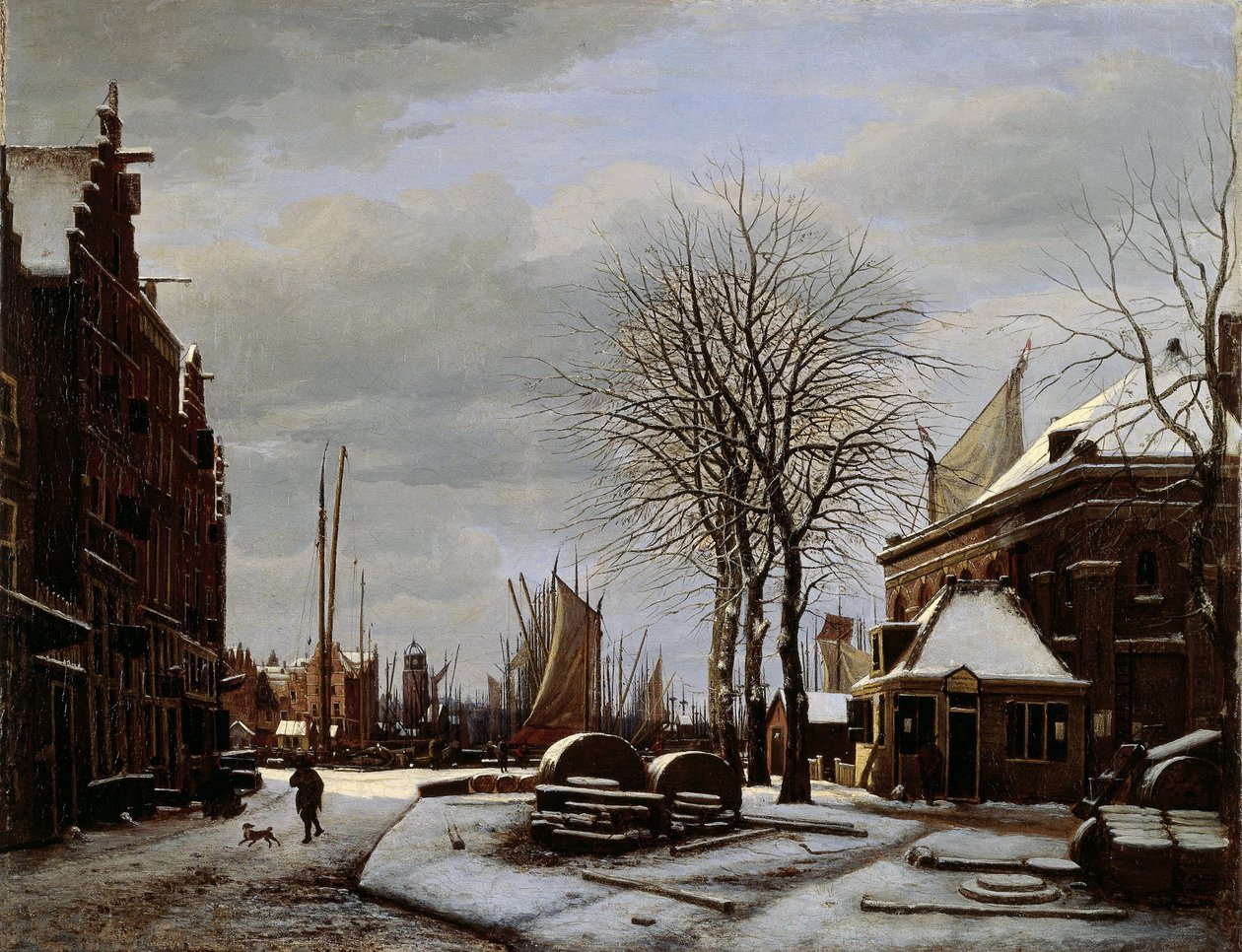Slijpsteenmarkt (Whetstone Market) Amsterdamissa ja rakennus "Het Zeerecht" talvella (Slypsteenen Amsterdamissa) tekijältä George Pieter Westenberg
