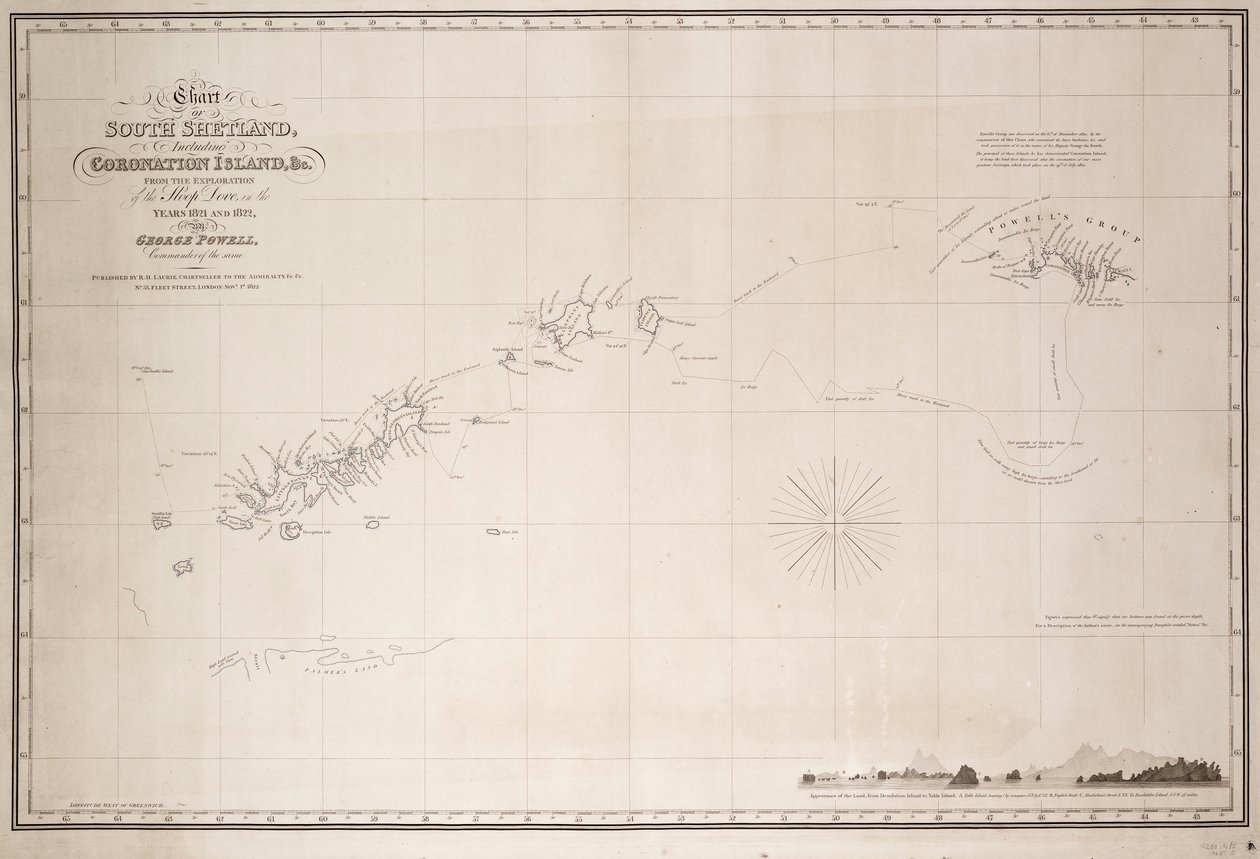Etelä-Shetlannin kartta, mukaan luettuna Coronation Island, George Powellin komentaja Dove-sluopin tutkimusmatkoista vuosina 1821 ja 1822. tekijältä George Powell
