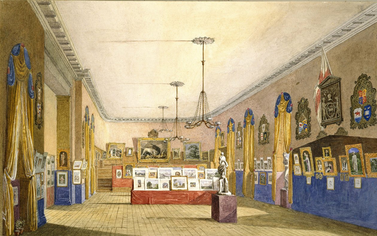 An Exhibition at the Old Town Hall, Oxford, 1854 (akvarelli ja bodycolour lyijykynällä jäykälle paperille, alkuperäisellä kiinnityspaperilla). tekijältä George Pyne