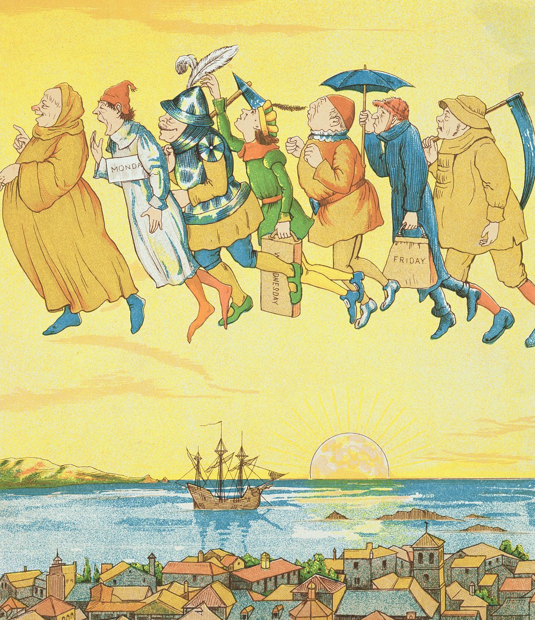 Viikonpäivät, kuvitus Rumpelstiltskiniltä tekijältä George R. Halkett